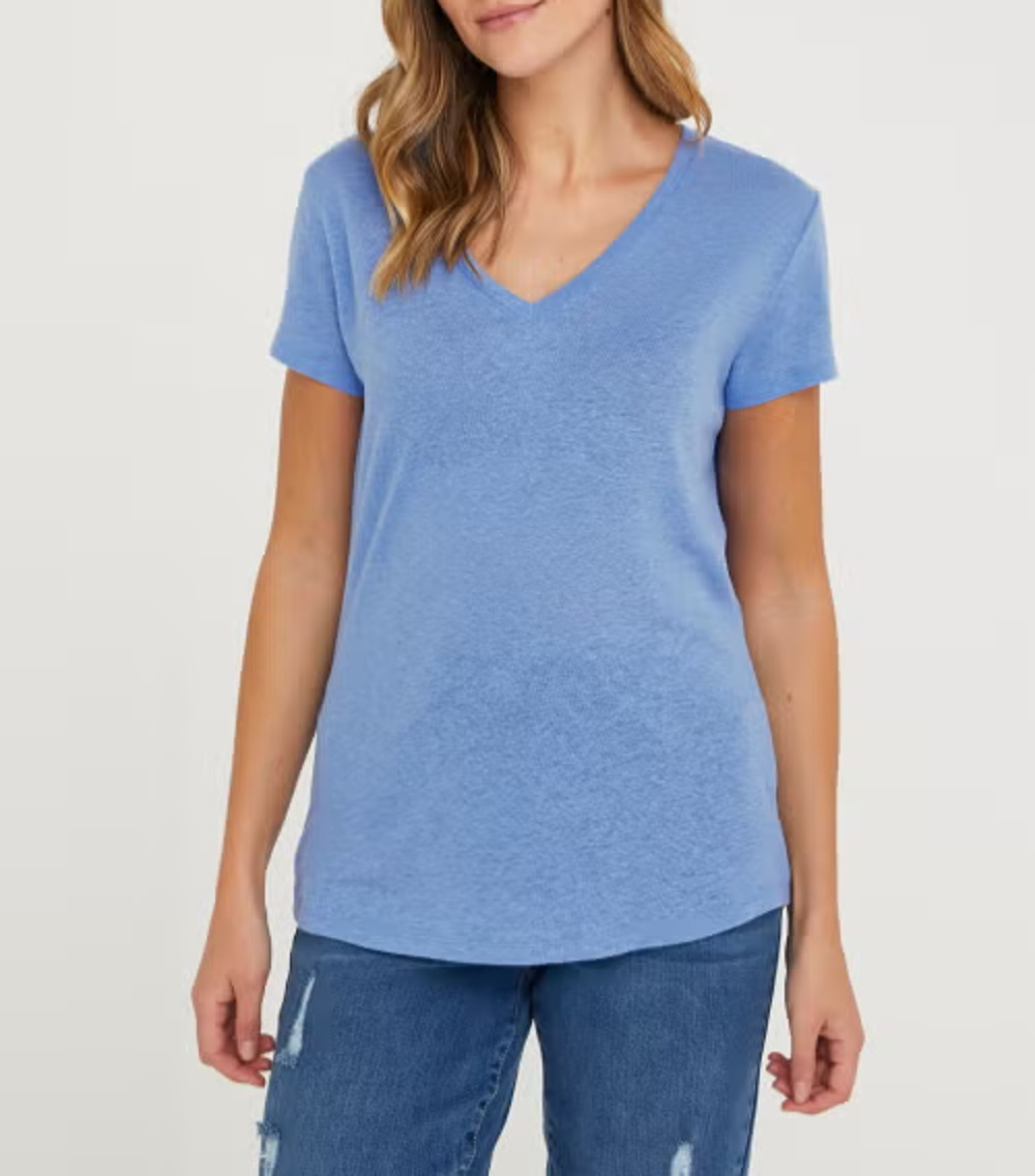 J. McLaughlin Linen Blend Blue V-Neck Women's Tee Size Medium Capsule A010380